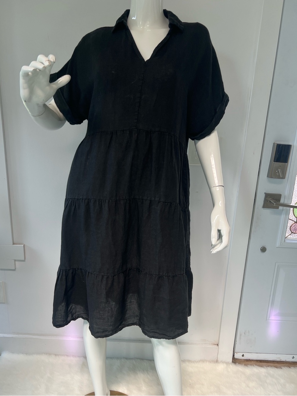 Francesca Bettini Black Tiered Short-Sleeve  Dress  Italian 100% linen